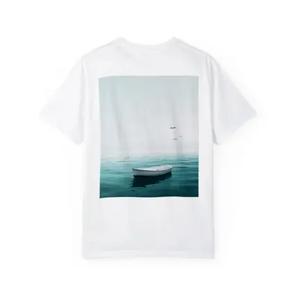 White Rowboat Floating Calm Teal Ocean
