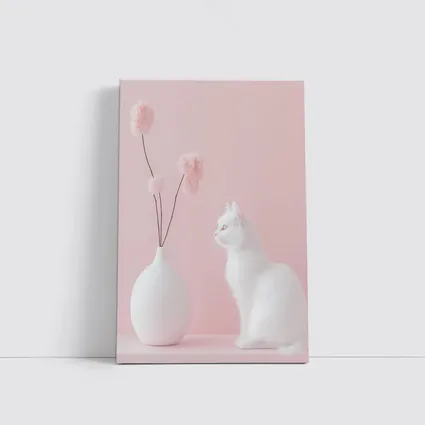 White Cat Beside Vase Pink Background