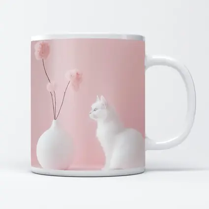 White Cat Beside Vase Pink Background