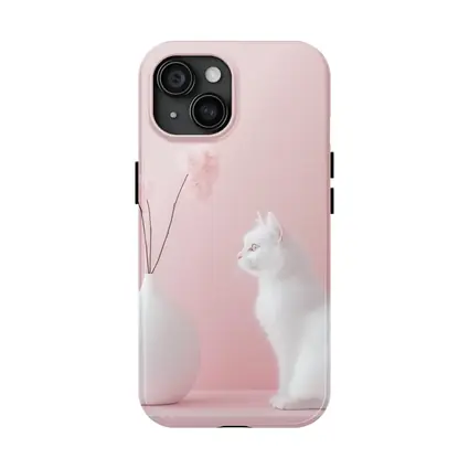 White Cat Beside Vase Pink Background
