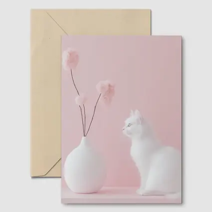 White Cat Beside Vase Pink Background