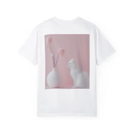 White Cat Beside Vase Pink Background