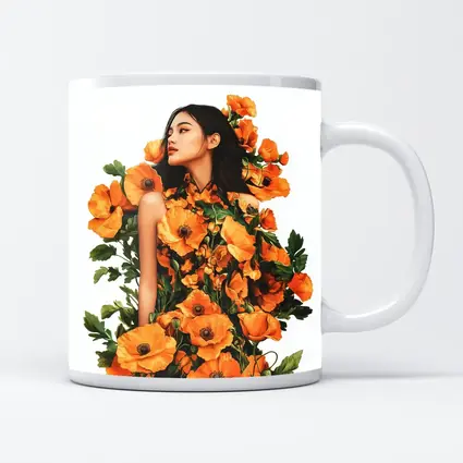Woman Surrounded by Orange Poppies Floral Art