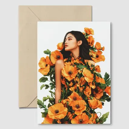 Woman Surrounded by Orange Poppies Floral Art
