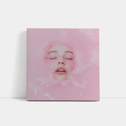 Woman Face Submerged Pink Bubble Bath