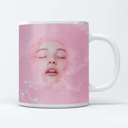 Woman Face Submerged Pink Bubble Bath