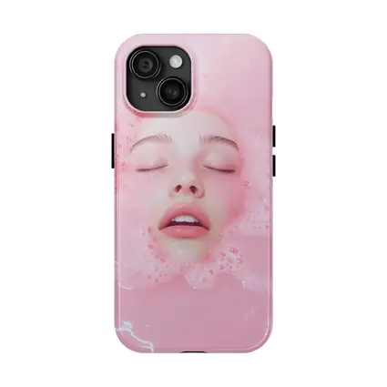 Woman Face Submerged Pink Bubble Bath