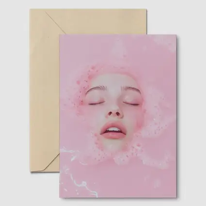 Woman Face Submerged Pink Bubble Bath