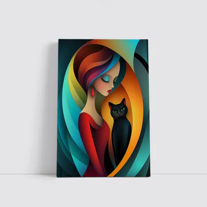 Abstract Woman With Black Cat Colorful Art