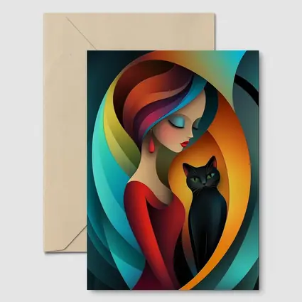 Abstract Woman With Black Cat Colorful Art