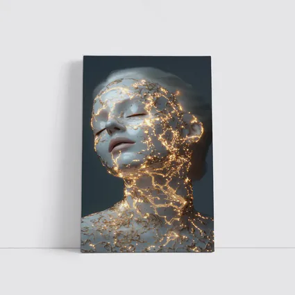 Glowing Gold Veins Woman Gray Background