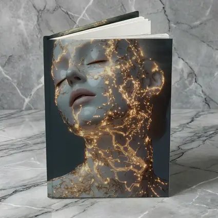 Glowing Gold Veins Woman Gray Background