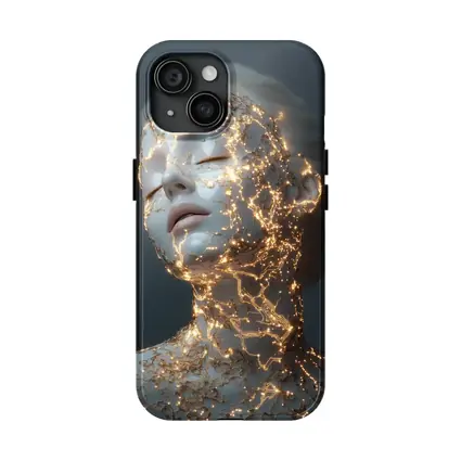 Glowing Gold Veins Woman Gray Background