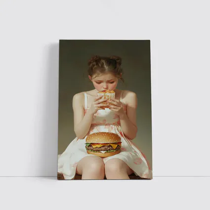 Girl Eating Burger and Fries Portrait
