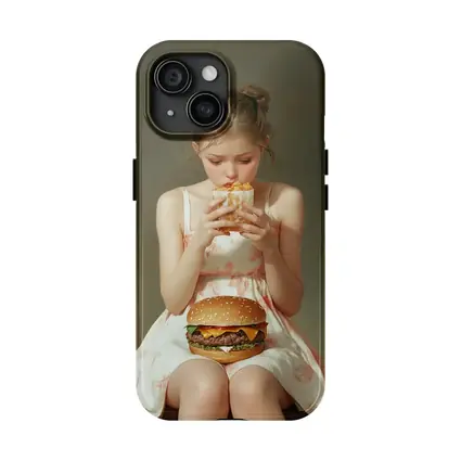 Girl Eating Burger and Fries Portrait