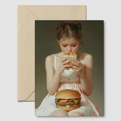Girl Eating Burger and Fries Portrait