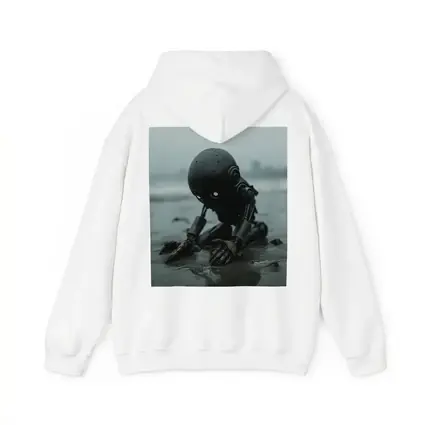 Dark Robot Kneeling On Rainy Beach