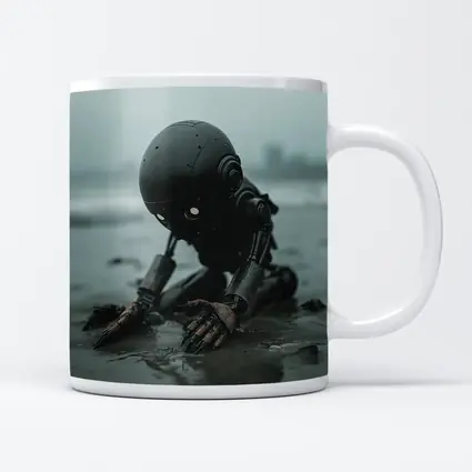 Dark Robot Kneeling On Rainy Beach