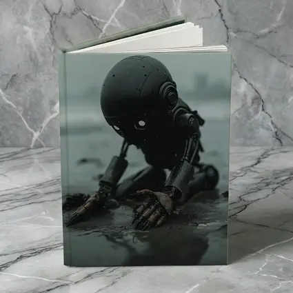Dark Robot Kneeling On Rainy Beach