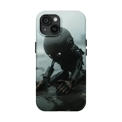 Dark Robot Kneeling On Rainy Beach