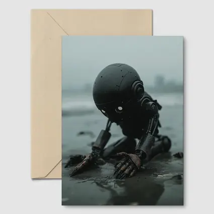 Dark Robot Kneeling On Rainy Beach