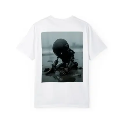Dark Robot Kneeling On Rainy Beach