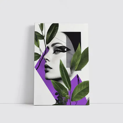 Woman Face Collage Art Green Leaves Purple