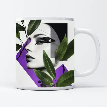 Woman Face Collage Art Green Leaves Purple