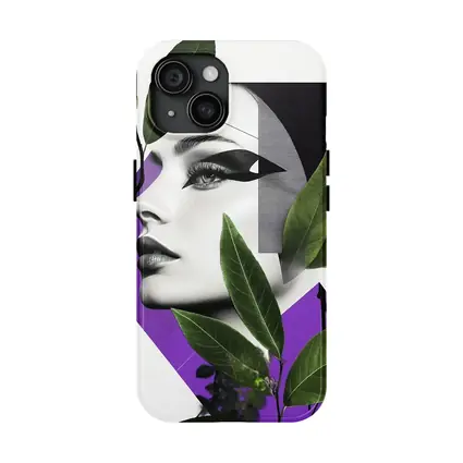 Woman Face Collage Art Green Leaves Purple