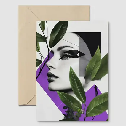Woman Face Collage Art Green Leaves Purple
