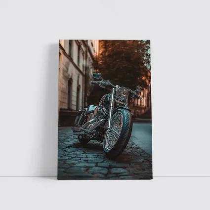 Harley Davidson Chopper On City Cobblestone Street