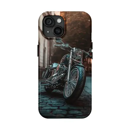 Harley Davidson Chopper On City Cobblestone Street