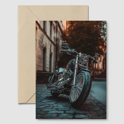 Harley Davidson Chopper On City Cobblestone Street