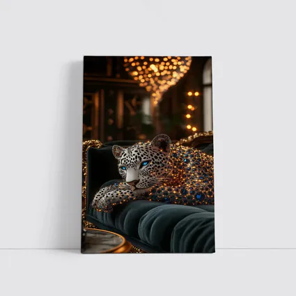 Gold Jeweled Leopard Resting On Velvet Sofa