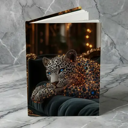 Gold Jeweled Leopard Resting On Velvet Sofa