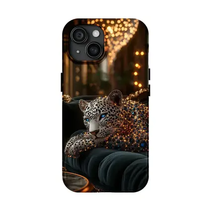 Gold Jeweled Leopard Resting On Velvet Sofa