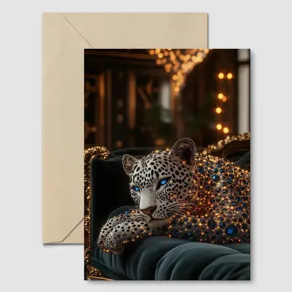 Gold Jeweled Leopard Resting On Velvet Sofa