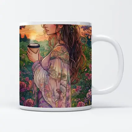 Boho Woman With Coffee Among Garden Roses