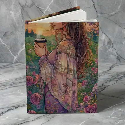 Boho Woman With Coffee Among Garden Roses