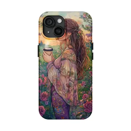 Boho Woman With Coffee Among Garden Roses