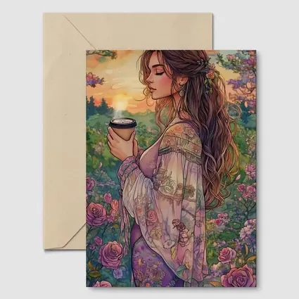 Boho Woman With Coffee Among Garden Roses