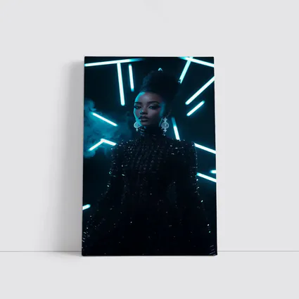 Black Sequin Dress Woman Neon Lights