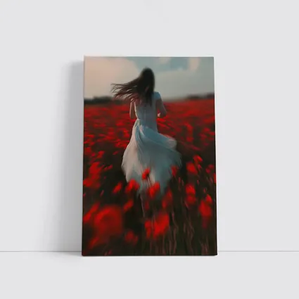 Woman Running Through Red Poppy Field