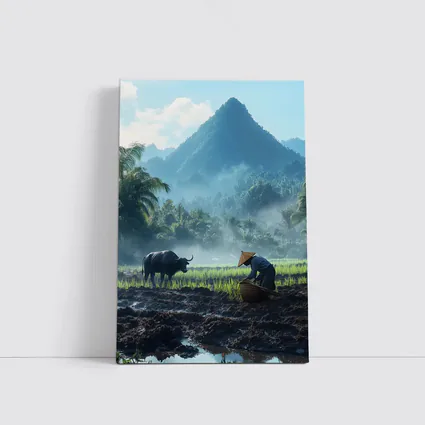 Farmer Working Rice Field Mountain Background