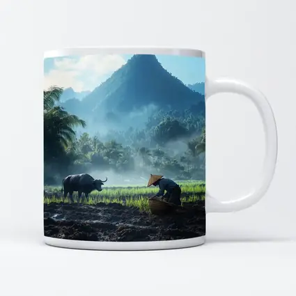 Farmer Working Rice Field Mountain Background