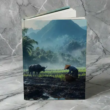 Farmer Working Rice Field Mountain Background