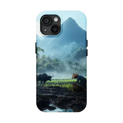 Farmer Working Rice Field Mountain Background