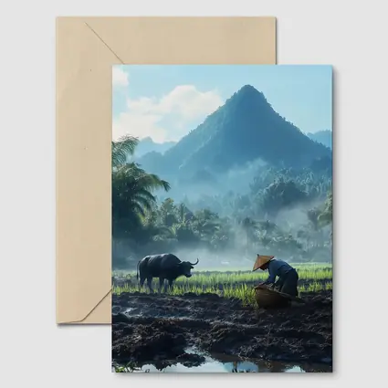 Farmer Working Rice Field Mountain Background