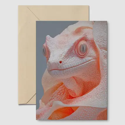 Albino Chameleon Close Up Peach Gray Background