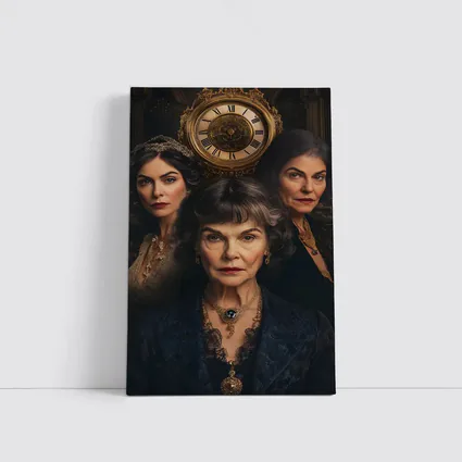 Three Women Portrait Antique Clock Dark Background
